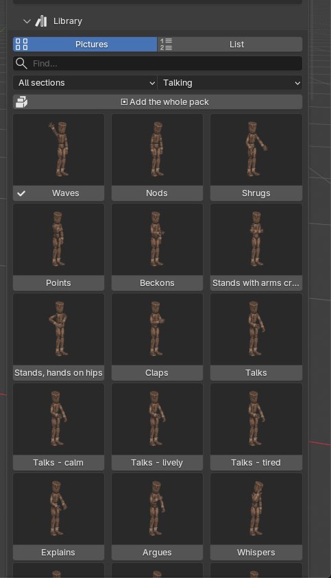 Library section of the Moveset panel in the Pictures view: a grid of pose thumbnails for the Talking pack